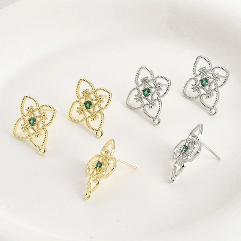Vintage Kupfer Hohl Vierblättriges Kleeblatt DIY Ohrstecker Mit Silber Ohrstecker-Stift Grün Zirkonia Schmuckherstellung Zubehör