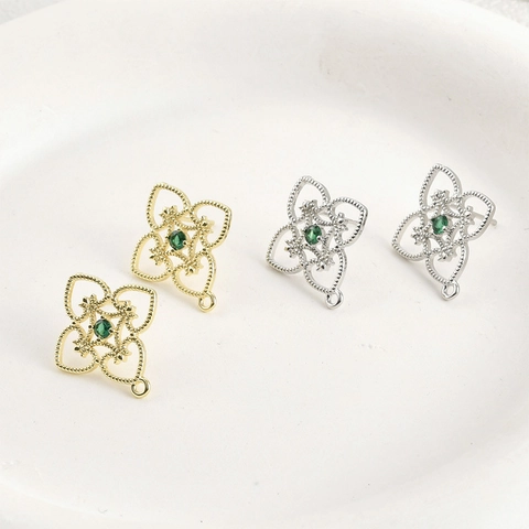 Vintage Kupfer Hohl Vierblättriges Kleeblatt DIY Ohrstecker Mit Silber Ohrstecker-Stift Grün Zirkonia Schmuckherstellung Zubehör