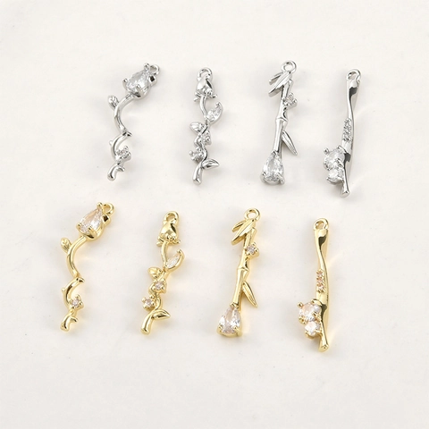 14k Gold Plated Copper Zirconia Inlaid Rose Bamboo Long Pendant For DIY Jewelry Making Accessories Crafting Charms