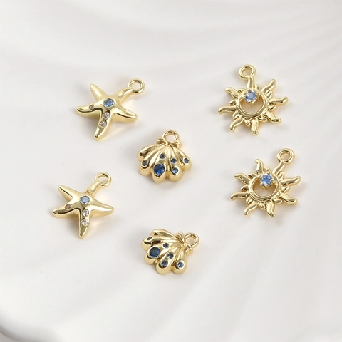 14K Gold Plated Copper Sea Blue Zirconia Shell Starfish Sun DIY Jewelry Charms Pendants For Bracelet Necklace Crafting