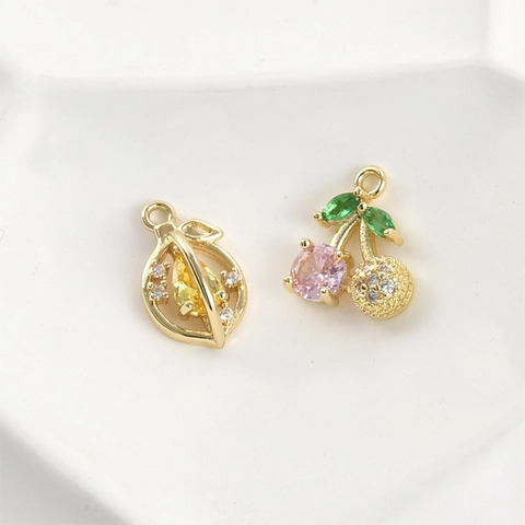 14K Gold Plated Copper Zirconia Cherry Lemon Pendants For DIY Jewelry Making Accessories Craft Findings Exquisite Fruit Charms