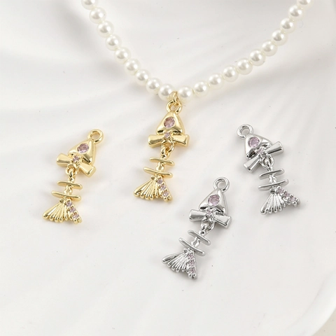 14K Gold Plated Fish Bone Pendant Copper Zirconia Charm For DIY Jewelry Making Necklaces Handcrafted Pink Zirconia Accessories