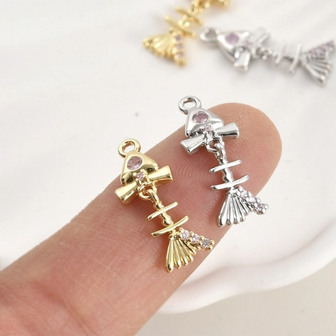 14K Gold Plated Fish Bone Pendant Copper Zirconia Charm For DIY Jewelry Making Necklaces Handcrafted Pink Zirconia Accessories