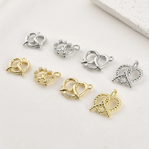 14k Gold Plated Copper Pretzel Heart Pendant For DIY Jewelry Making Necklace Bracelet Earrings Zirconia Inlaid Metal Charms