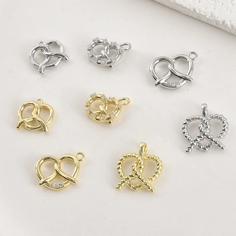 14k Gold Plated Copper Pretzel Heart Pendant For DIY Jewelry Making Necklace Bracelet Earrings Zirconia Inlaid Metal Charms