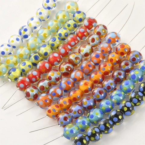 Χειροποίητες Χάντρες Lampwork από Γυαλί Με Πουά Σχέδιο Στρογγυλές Χάντρες 10mm για Αξεσουάρ Κατασκευής Κοσμημάτων DIY