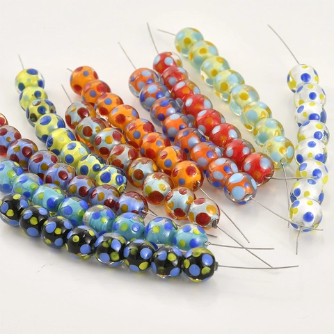 Χειροποίητες Χάντρες Lampwork από Γυαλί Με Πουά Σχέδιο Στρογγυλές Χάντρες 10mm για Αξεσουάρ Κατασκευής Κοσμημάτων DIY