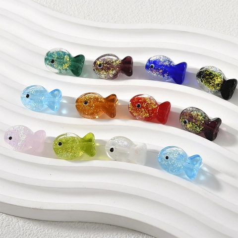 Fish Shaped Lampwork Glass Beads With Gold Foil Glitter Cartoon Animal Spacer Beads For DIY Jewelry Making Necklaces Handcrafted Materials