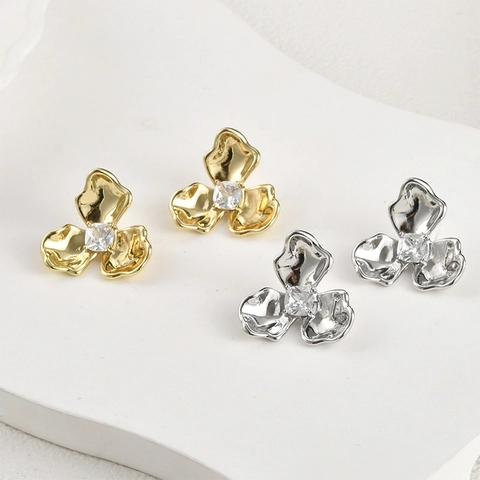 14K Gold Plated Copper Three Petal Flower Earring Findings With Silver Earring Post Square Zircon DIY Jewelry Components