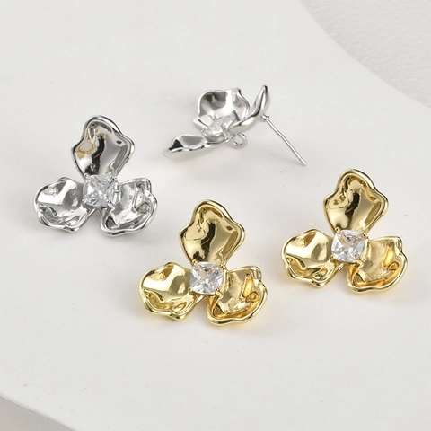 14K Gold Plated Copper Three Petal Flower Earring Findings With Silver Earring Post Square Zircon DIY Jewelry Components