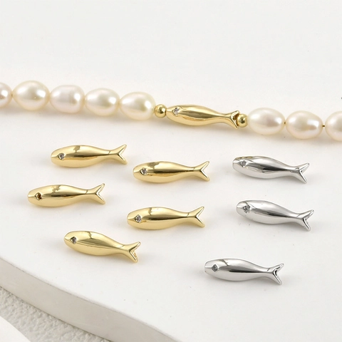 Gold Silver Plated Copper Fish Spacer Beads Zirconia Inlaid Animal Charms For DIY Bracelet Necklace Jewelry Making Finding