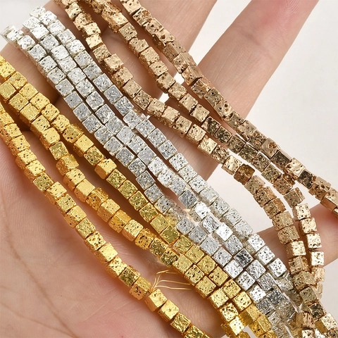 Natural Lava Stone Square Spacer Beads Textured Cube Loose Beads Gold Silver Plated For Bracelet Necklace Jewelry Making
