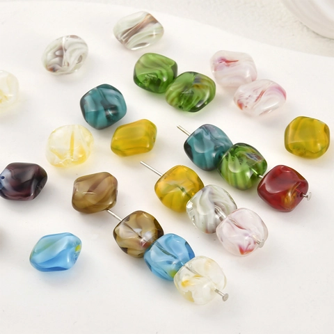Handmade Irregular Square Lampwork Glass Beads Marble Swirl Pattern Millefiori Creamy Colors DIY Jewelry Making Beads
