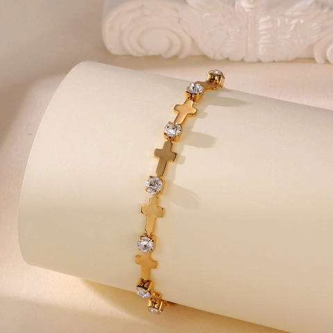 Pulsera de Cruz de Acero Inoxidable con Circonia para Mujer Chapado en Oro 18K Cadena Ajustable Joyería Religiosa Moda