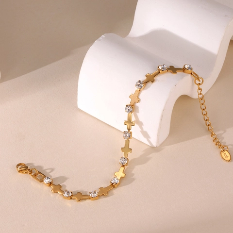 Pulsera de Cruz de Acero Inoxidable con Circonia para Mujer Chapado en Oro 18K Cadena Ajustable Joyería Religiosa Moda