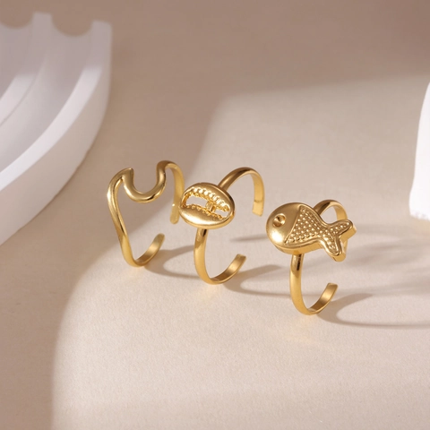 Anelli Aperti a Tema Oceano in Acciaio Inossidabile Pesce Conchiglia Onda per Donna Placcato Oro 18K Gioielli Marini Regalo