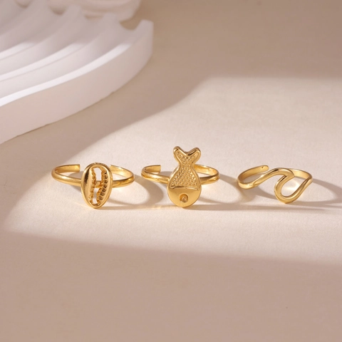 Anelli Aperti a Tema Oceano in Acciaio Inossidabile Pesce Conchiglia Onda per Donna Placcato Oro 18K Gioielli Marini Regalo