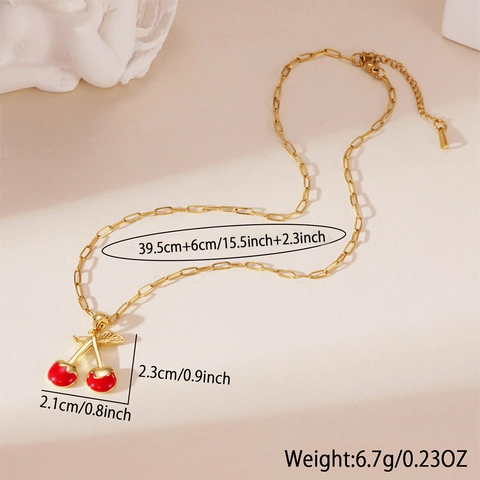 18K Gold Plated Stainless Steel Strawberry Cherry Fruit Pendant Necklace With Rhinestone For Women Sweet Enamel Jewelry