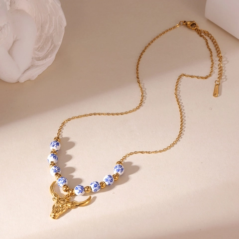 Vintage Stainless Steel Blue and White Porcelain Bead Necklace 18K Gold Plated Tulip Sun Bull Pendant Geometric Necklace For Women