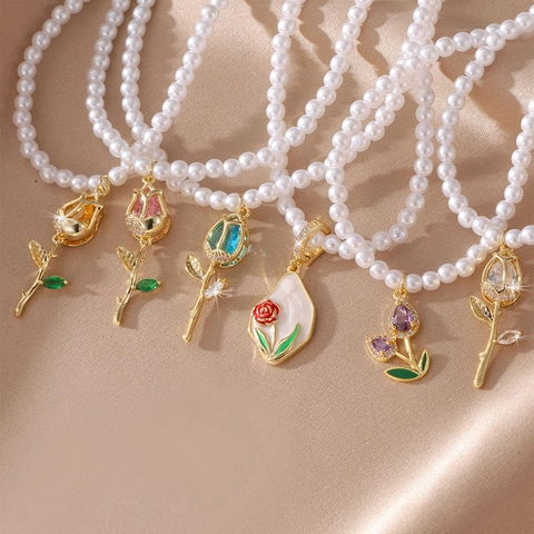 Elegant Copper Alloy Artificial Pearl Necklace With Floral Rose Tulip Pendant Rhinestone Inlaid Jewelry For Women Daily Wear
