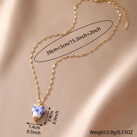 New Chinese Style 18K Gold Plated Stainless Steel Blue And White Porcelain Pendant Necklace Floral Jewelry For Women