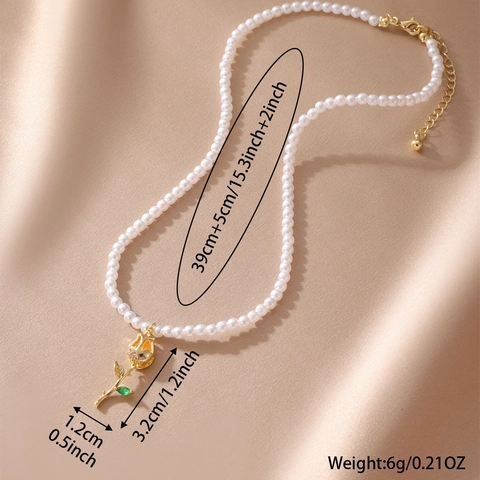Elegant Copper Alloy Artificial Pearl Necklace With Floral Rose Tulip Pendant Rhinestone Inlaid Jewelry For Women Daily Wear