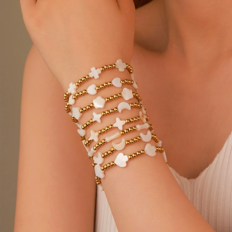 18K Gold Plated Stainless Steel Beaded Bracelet For Women With White Shell Cross Moon Star Heart Charms Adjustable Jewelry