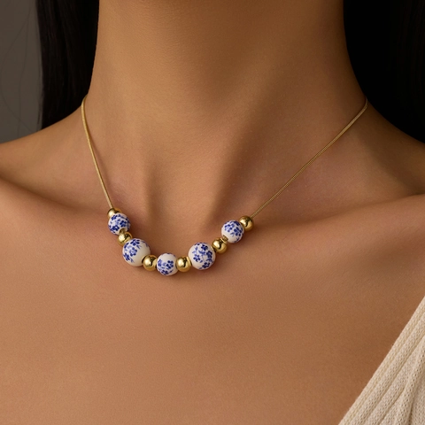 New Chinese Style Ceramic Bead Necklace Alloy 18K Gold Plated Snake Chain Blue And White Porcelain Vintage Floral Jewelry