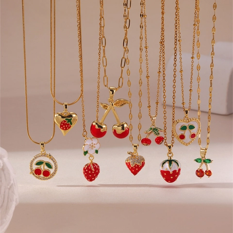 18K Gold Plated Stainless Steel Strawberry Cherry Fruit Pendant Necklace With Rhinestone For Women Sweet Enamel Jewelry