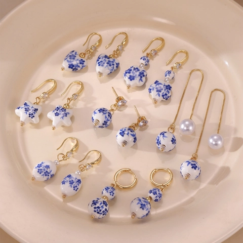 New Chinese Style Blue And White Porcelain Dangle Earrings Stainless Steel Ceramic Rhinestone Artificial Pearl Jewelry
