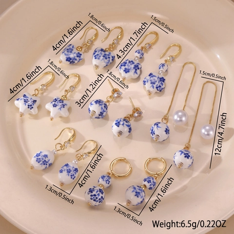 New Chinese Style Blue And White Porcelain Dangle Earrings Stainless Steel Ceramic Rhinestone Artificial Pearl Jewelry