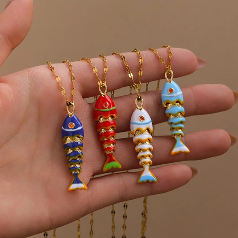 Collana con Ciondolo a Pesce in Acciaio Inossidabile con Smalto Colorato per Donna Ciondolo in Rame Stile Oceano