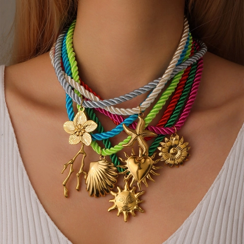 Bohemian Stainless Steel Pendant Necklace For Women Colorful Woven Cord Necklace Sun Heart Starfish Shell Flower Jewelry