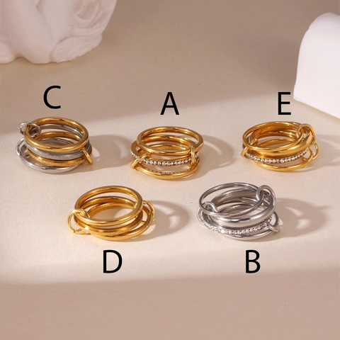 Minimalist Stainless Steel Multi Layer Interlinked Ring For Women Gold Silver Plated Rhinestone Geometric Finger Jewelry