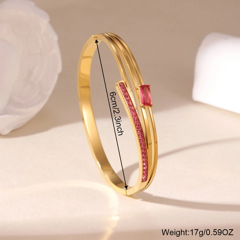 Bracciale Rigido in Acciaio Inossidabile con Zirconia per Donna Placcato Oro 18K Fiore Rosa Pietra Preziosa Quadrata Arcobaleno Gioielli