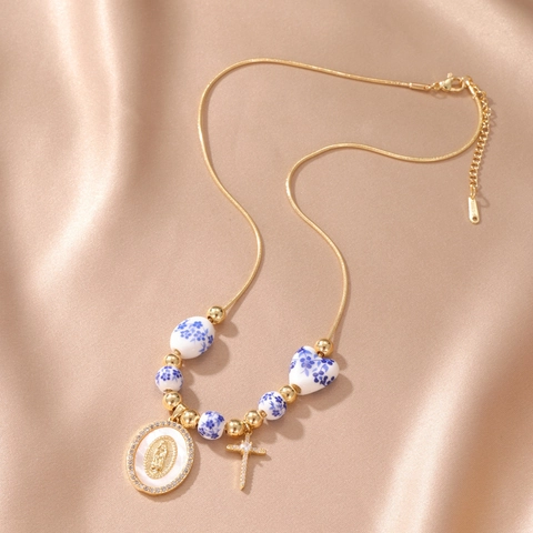 New Chinese Style Blue White Ceramic Bead Virgin Mary Cross Pendant Necklace Gold Plated Rhinestone Religious Jewelry Women