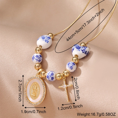 New Chinese Style Blue White Ceramic Bead Virgin Mary Cross Pendant Necklace Gold Plated Rhinestone Religious Jewelry Women
