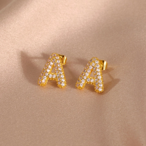 Gold Plated Copper English Letter Stud Earrings For Women Exquisite Zirconia Inlaid Alphabet Fashion Personalized Jewelry