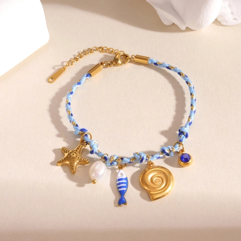 Stainless Steel Ocean Seahorse Starfish Pendant Braided Rope Bracelet For Women Summer Beach Artificial Pearl Rhinestone Jewelry