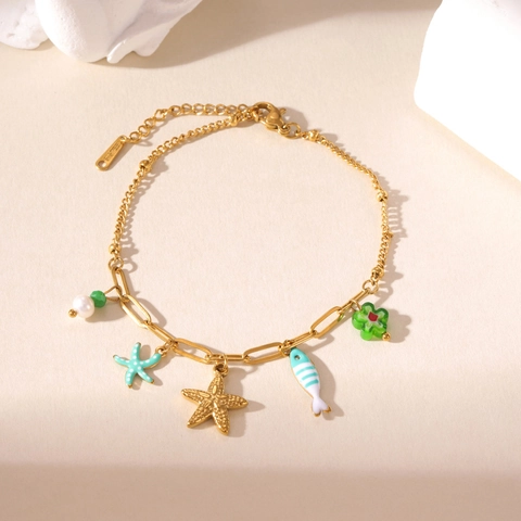 18K Gold Plated Stainless Steel Marine Charm Bracelet For Women Summer Ocean Seahorse Starfish Enamel Flower Layered Jewelry