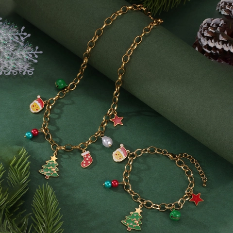 Collana e Bracciale in Acciaio Inossidabile con Albero di Natale Stella Omino di Pan di Zenzero Placcato Oro 18K Smalto Perla Artificiale
