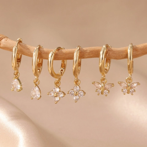 Pendientes de Gota de Cobre Chapado en Oro de 14K Flor Mariposa Gota de Agua Con Poste de Acero Inoxidable Joyería Incrustada