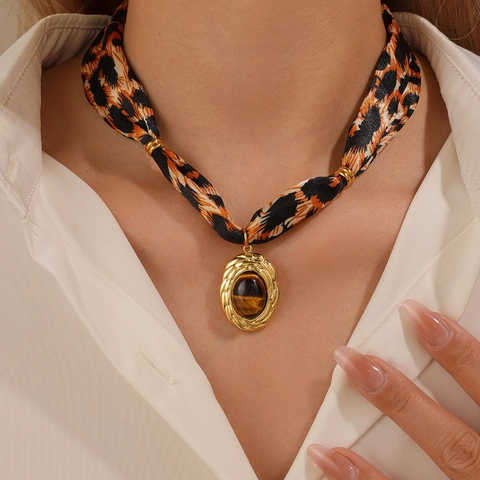 Stainless Steel Heart Tiger Eye Pendant Necklace For Women Leopard Paisley Fabric Scarf Neck Choker Daily Jewelry Gift