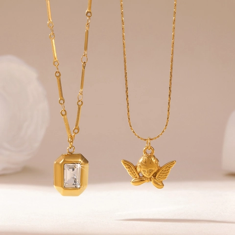 18k Gold Plated Stainless Steel Angel Cupid Pendant Necklace For Women Square Zirconia Geometric Commuter All-match Jewelry