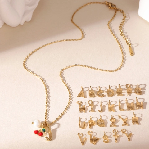 Stainless Steel Cherry Alphabet Pendant Necklace With Artificial Pearl Gold Plated Box Chain Letter A-Z For Women Daily Jewelry