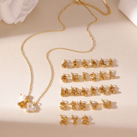 Stainless Steel Gold Heart Zirconia Faux Artificial Pearl Initial Necklace For Women Alphabet 3D Bubble Letter Pendant Neck Jewelry