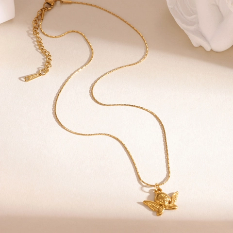 18k Gold Plated Stainless Steel Angel Cupid Pendant Necklace For Women Square Zirconia Geometric Commuter All-match Jewelry
