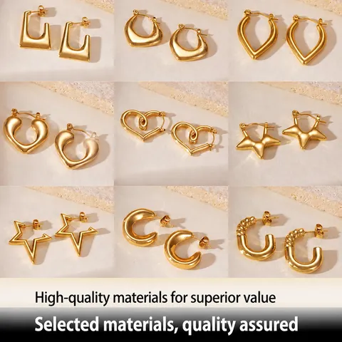 Stainless Steel 18K Gold Plated Earrings For Women Minimalist Geometric Stud Hoop Earrings Heart Star Bamboo Design Jewelry