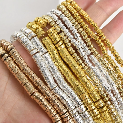 Textured Electroplated Lava Stone Wheel Beads Gold Silver Flat Spacer Beads For DIY Jewelry Making Bracelet Necklace Beads