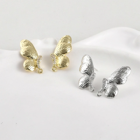 Componenti per Orecchini a Bottone Ali di Farfalla Con Perno in Argento Placcato Oro 14K Zirconia Intarsiato DIY Gioielli